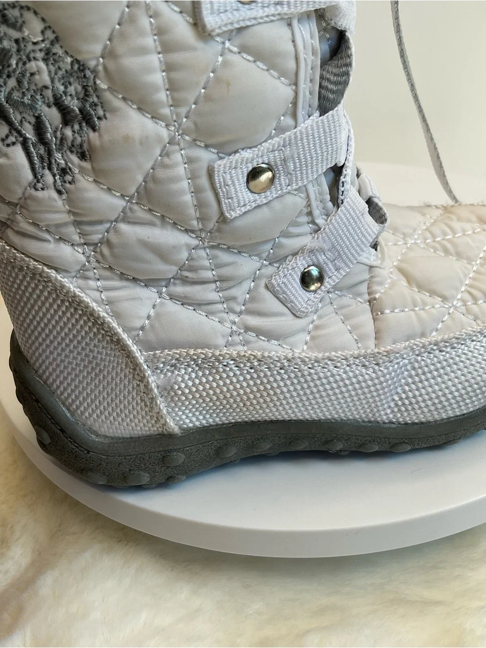 Polo Ralph Lauren Girls White Quilted Snow Boots Faux Fur Trim Lace-Up Side Zipp